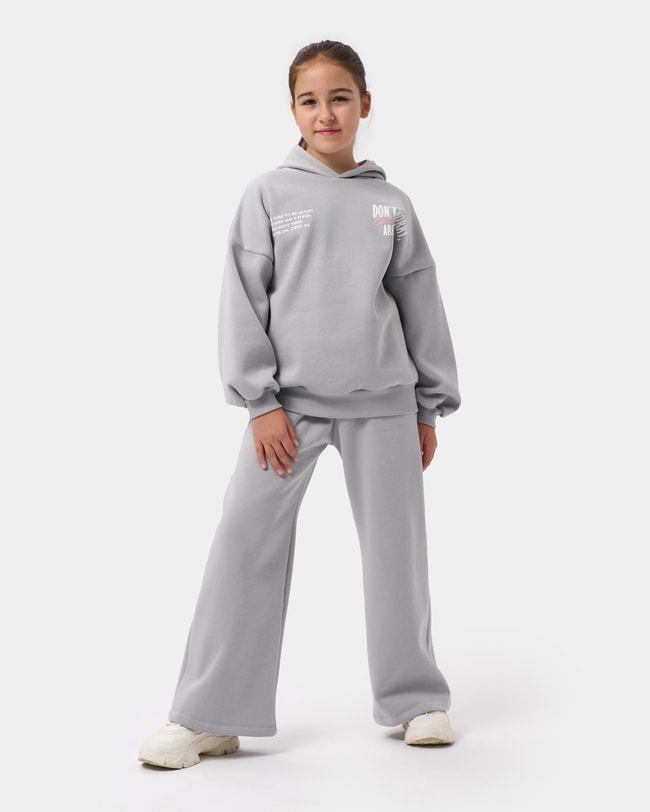 Kız Çocuk Pamuklu Gri Kapüşonlu  Sweatshirt ve Palazzo Eşofman Takımı