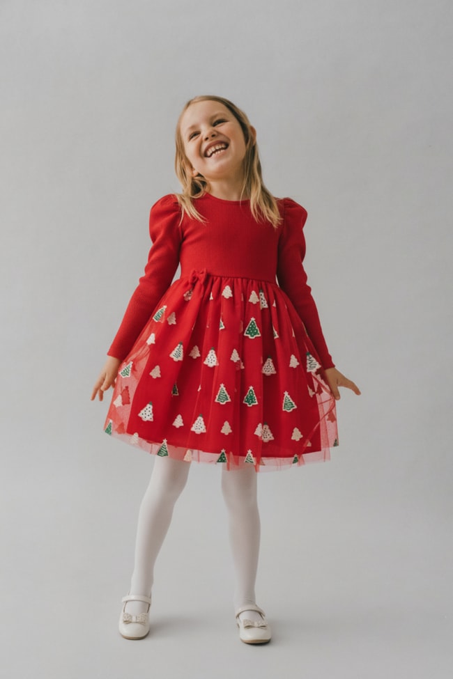 Kız Çocuk Pamuklu Kırmızı Noel Ağacı Desenli Tüllü Elbise - Balon Kollu Yılbaşı Elbisesi