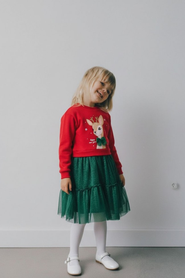 Kız Çocuk Pamuklu Kırmızı Geyik Desenli Sweatshirt ve Yeşil Tül Etek Takımı - Yılbaşı Konseptli