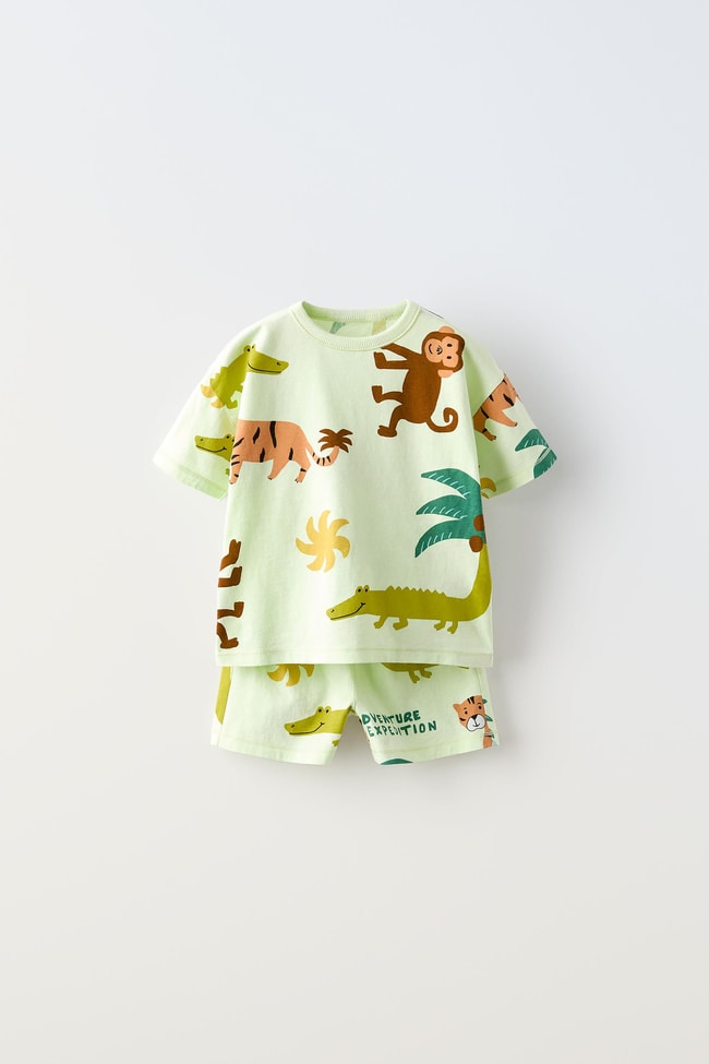 Erkek Çocuk Pamuklu Açık Yeşil Safari Temalı Hayvan Baskılı Yazlık T-shirt ve Şort Takım