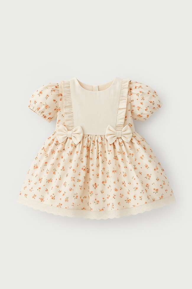 Kız Çocuk Pamuklu Krem Çiçek Desenli Fiyonklu Elbise - Kısa Kollu, Dantel Etek Ucu Detaylı