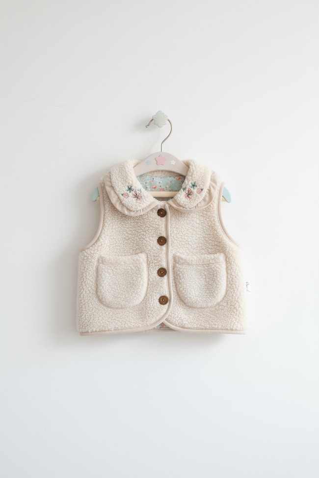 Kız Çocuk Krem Peluş Cepli Düğmeli Yelek – Nakışlı Yaka Detaylı