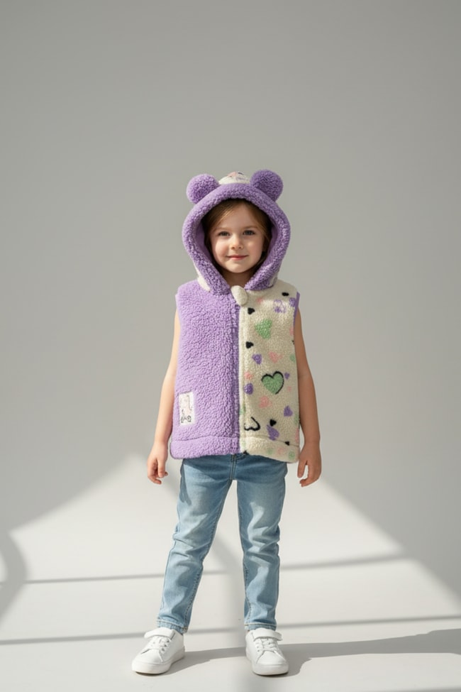 Kız Çocuk Pamuklu Lila Kalpli Peluş Kulaklı Kapüşonlu Yelek - Yumuşak Dokulu