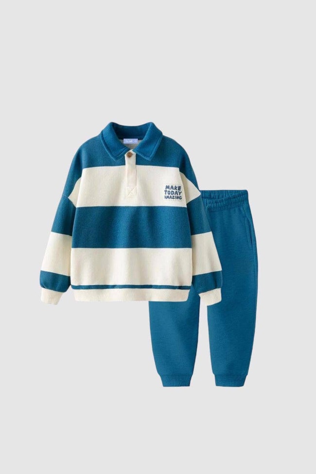 Sloganlı Kışlık Pamuklu Polo Yaka Sweatshirt Jogger Eşofman Alt-Üst Takım Erkek Çocuk