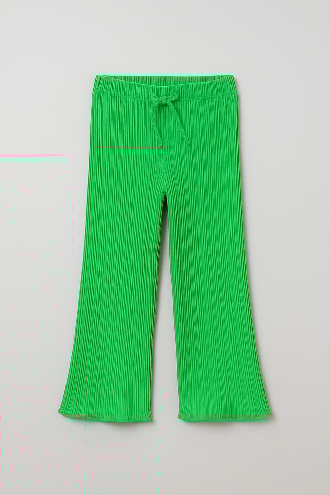Kız Çocuk Pamuklu Yeşil Ribana Flare Pantolon - İpli ve Esnek Bel