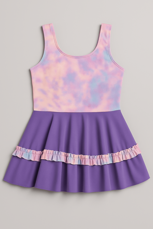 Kız Çocuk Mor Etekli Pembe Mavi Bulut Desenli Mayo Elbise