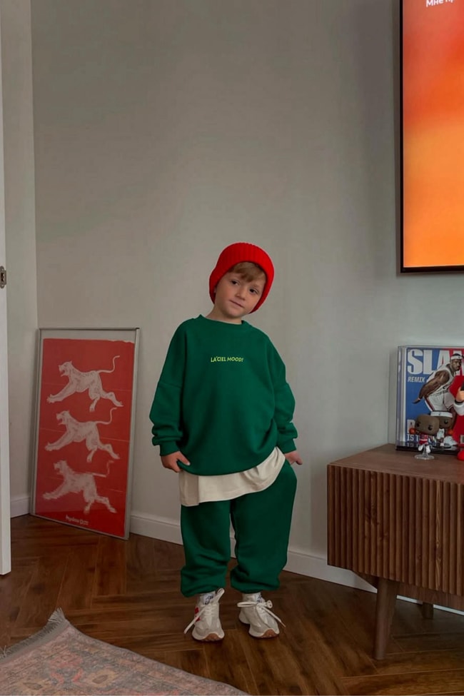 Unisex Çocuk Pamuklu Yeşil Mood Eşofman Takımı - Oversize Rahat Kalıp