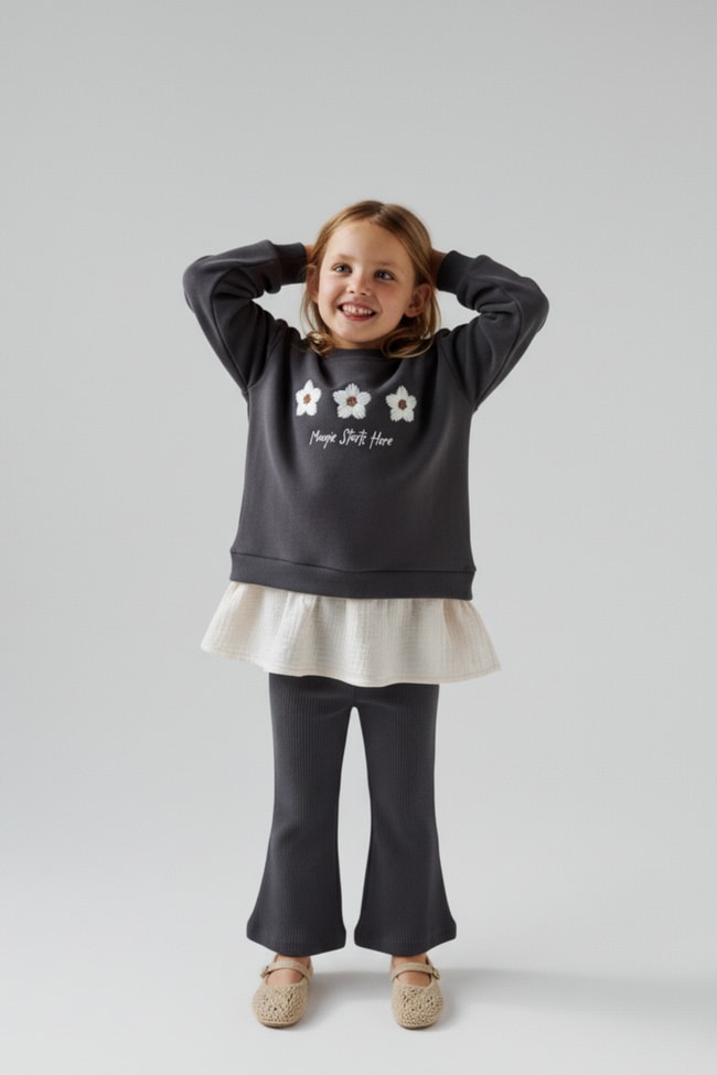 Kız Çocuk Pamuklu Antrasit Çiçek Nakışlı Sweatshirt ve Flare Tayt Takım - Katmanlı Fırfır Detaylı