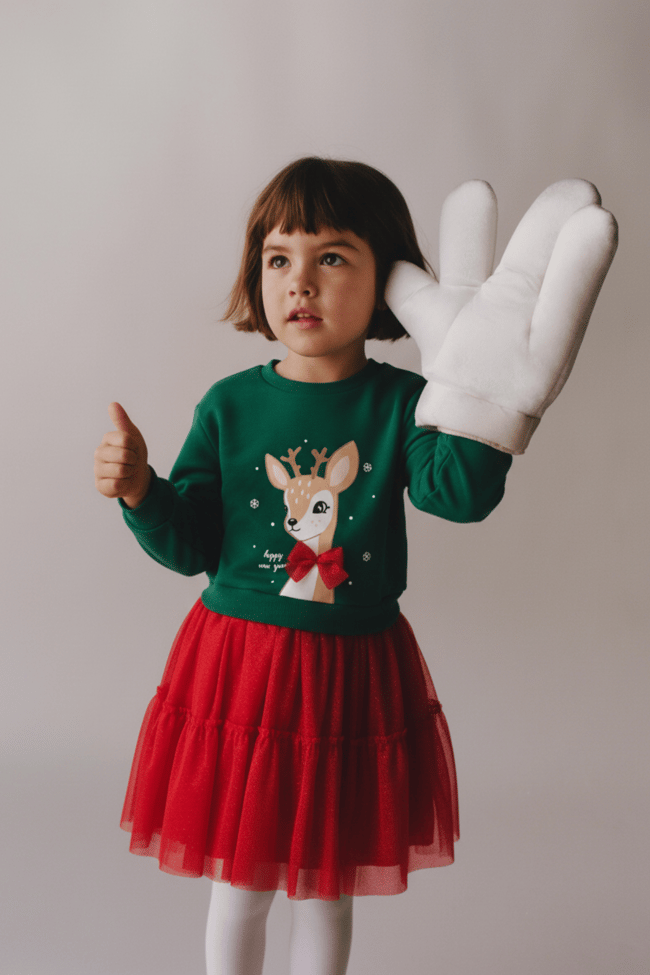 Kız Çocuk Pamuklu Yeşil Geyik Desenli Sweatshirt ve Kırmızı Tül Etek Takımı - Yılbaşı Konseptli