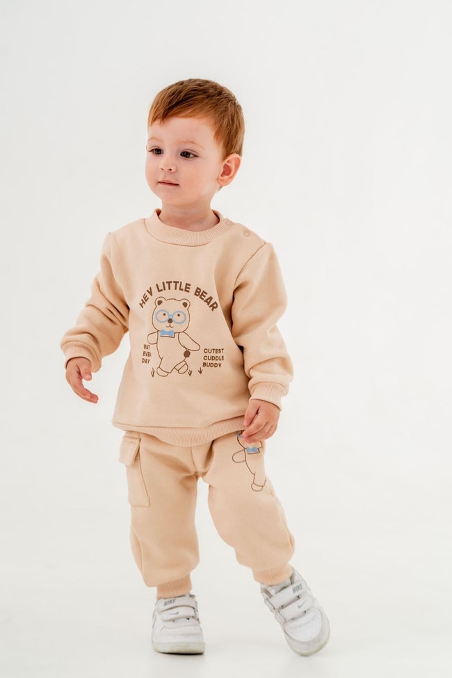 Erkek Bebek Ayıcıklı Desenli Pamuklu 3 İplik Kışlık Sweatshirt Eşofman Alt-Üst Takım