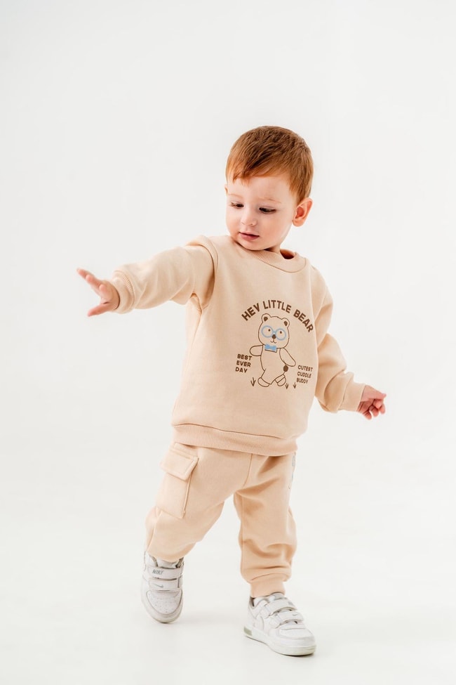 Erkek Bebek Ayıcıklı Desenli Pamuklu 3 İplik Kışlık Sweatshirt Eşofman Alt-Üst Takım