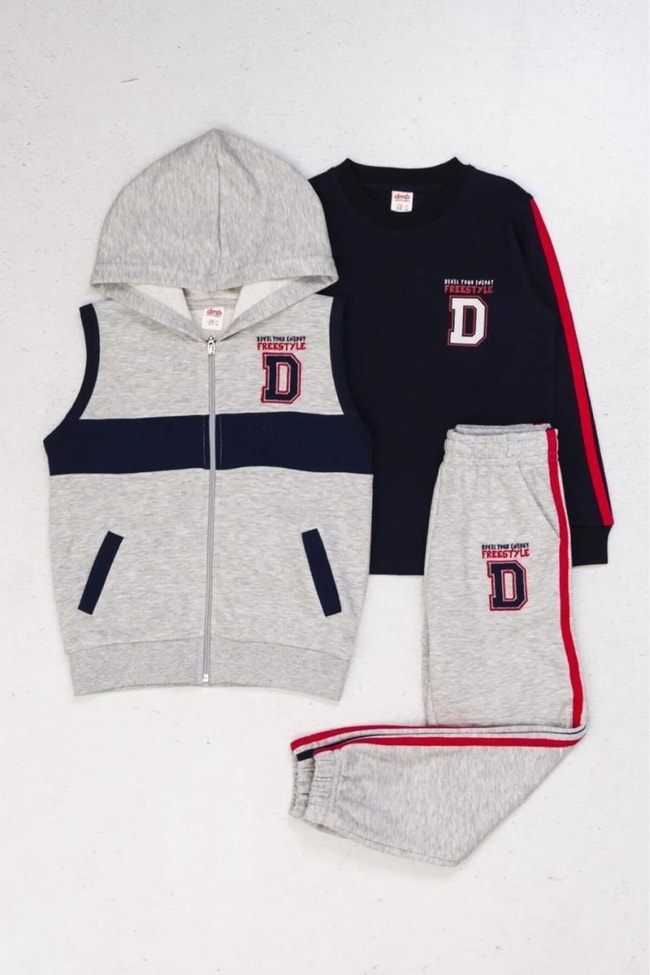 Erkek Çocuk 3'LÜ Kışlık Pamuklu Yelek Sweatshirt Eşofman Alt-Üst Takım