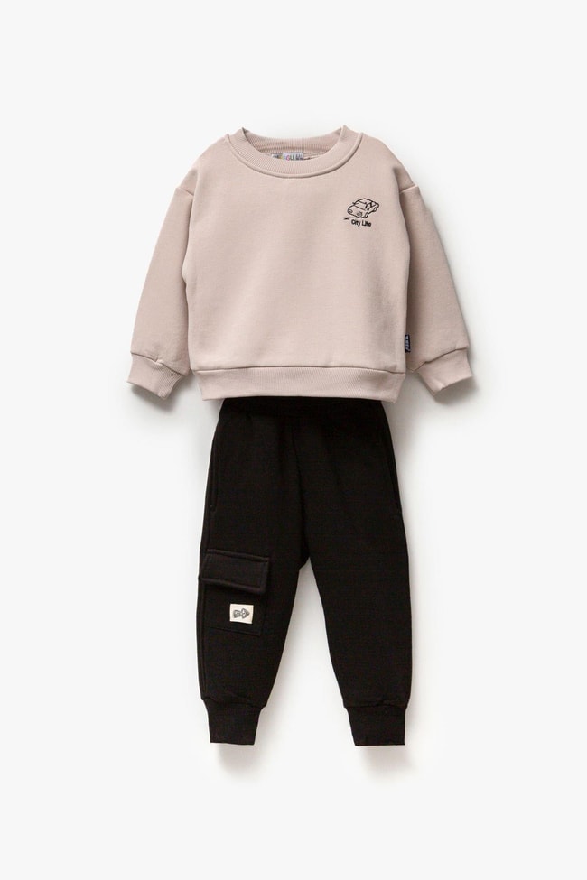 Erkek Çocuk Araba Desenli Kışlık 3 iplik Şardonlu Pamuklu Sweatshirt Eşofman Alt-Üst Takım