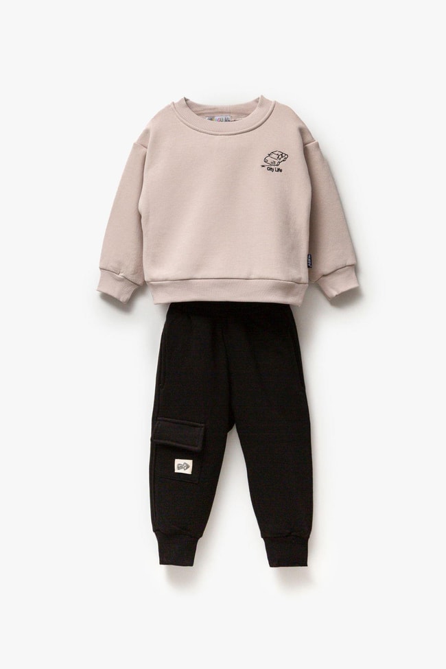 Erkek Çocuk Araba Desenli Kışlık 3 iplik Şardonlu Pamuklu Sweatshirt Eşofman Alt-Üst Takım