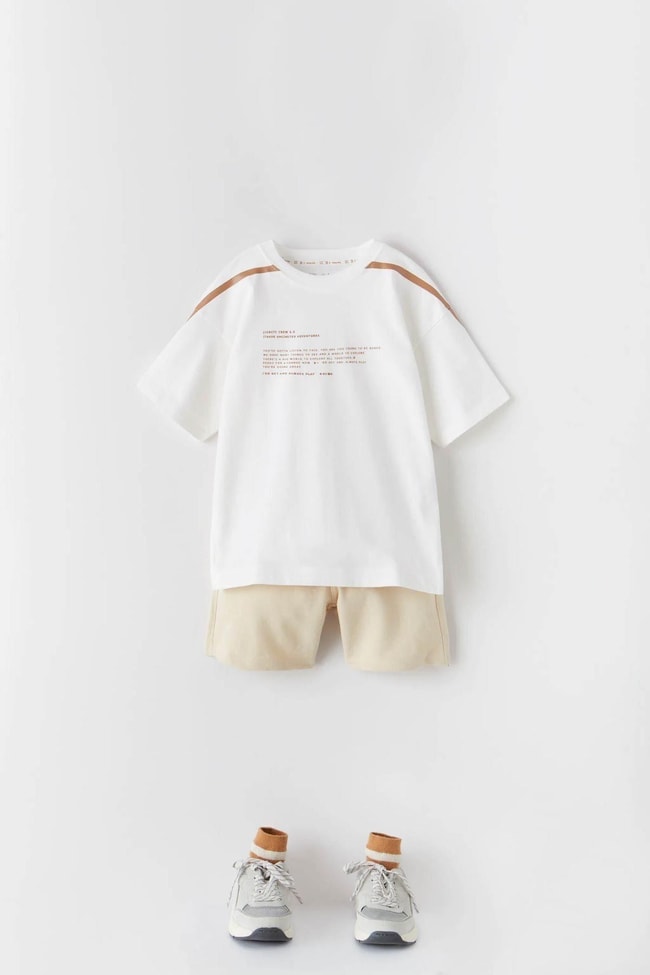 Erkek Çocuk Beyaz Bej Sloganlı Pamuklu T-shirt Şort Alt-Üst Takım