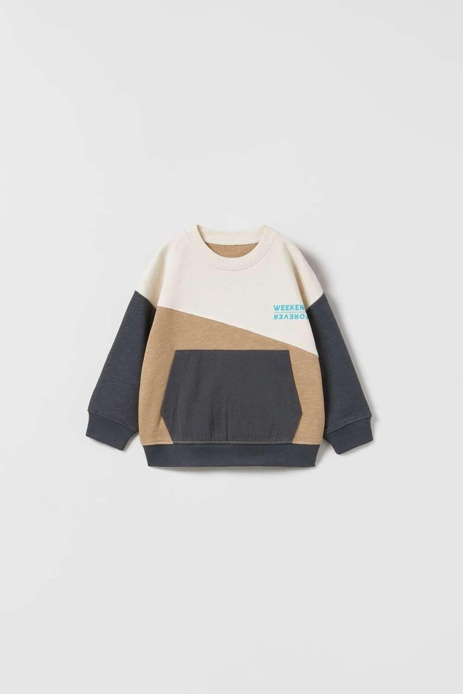 Erkek Çocuk Blok Desenli Kahverengi Cepli Pamuklu Sweatshirt Eşofman Alt-Üst Takım