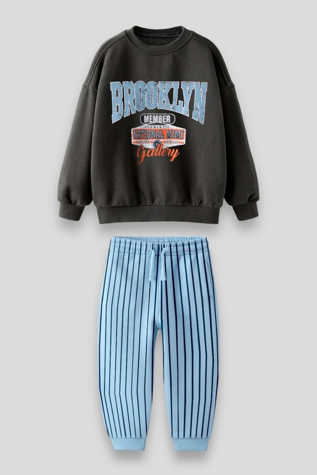 Erkek Çocuk Brooklyn Desenli Sloganlı Kışlık 3 İplik Pamuklu Sweatshirt Eşofman Alt-Üst Takım