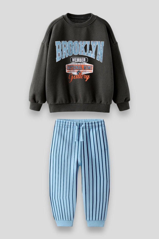 Erkek Çocuk Brooklyn Desenli Sloganlı Kışlık 3 İplik Pamuklu Sweatshirt Eşofman Alt-Üst Takım