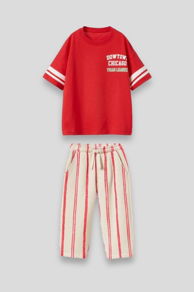 Erkek Çocuk Çizgili Kırmızı Baskılı Pamuklu T-shirt Gofre Pantolon Alt-Üst Takım