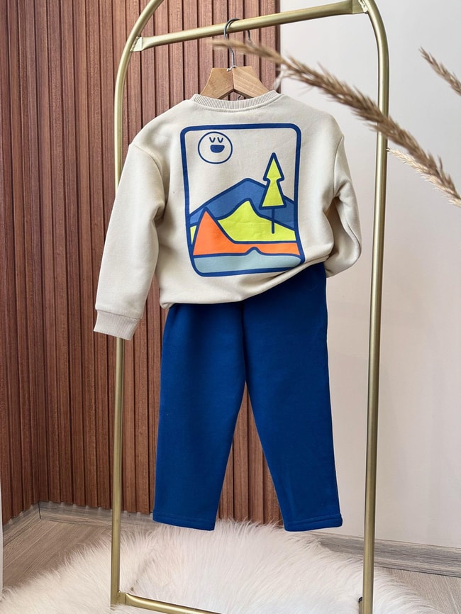Erkek Çocuk Desenli 3 iplik Kışlık Pamuklu Sweatshirt  Eşofman Alt-Üst Takım