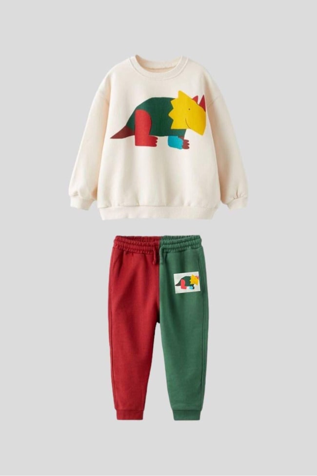 Erkek Çocuk Dinozor Desenli Pamuklu Sweatshirt Eşofman Alt-Üst Takım
