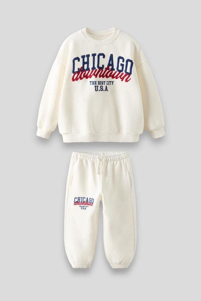 Erkek Çocuk Ekru Chicago Pamuklu Sweatshirt Eşofman Alt-Üst Takım