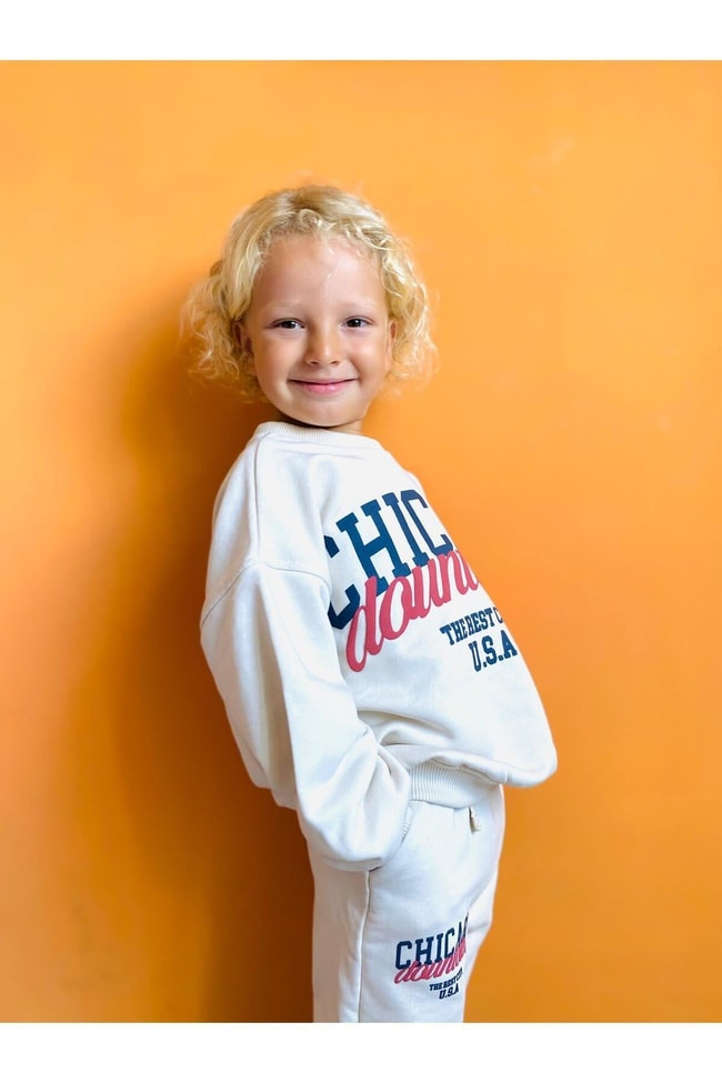 Erkek Çocuk Ekru Chicago Pamuklu Sweatshirt Eşofman Alt-Üst Takım