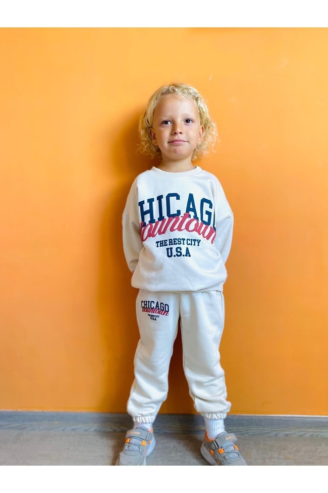 Erkek Çocuk Ekru Chicago Pamuklu Sweatshirt Eşofman Alt-Üst Takım
