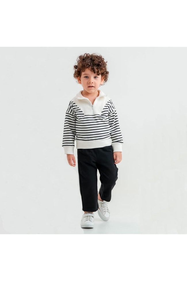 Erkek Çocuk Fermuarlı Çizgili  Sweatshirt Pantolon Alt-Üst Takım