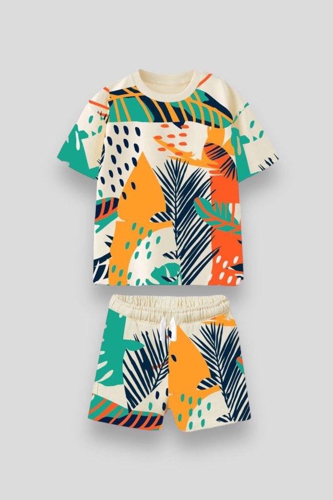 Erkek Çocuk Geometrik Yaprak Desenli Pamuklu Oversize T-shirt Şort Alt-Üst Takım