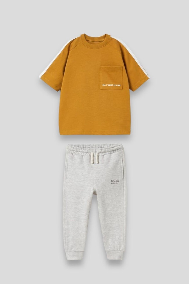 Erkek Çocuk Golf Desenli Şeritli Basic Pamuklu T-shirt Jogger Eşofman Alt-üst Takım