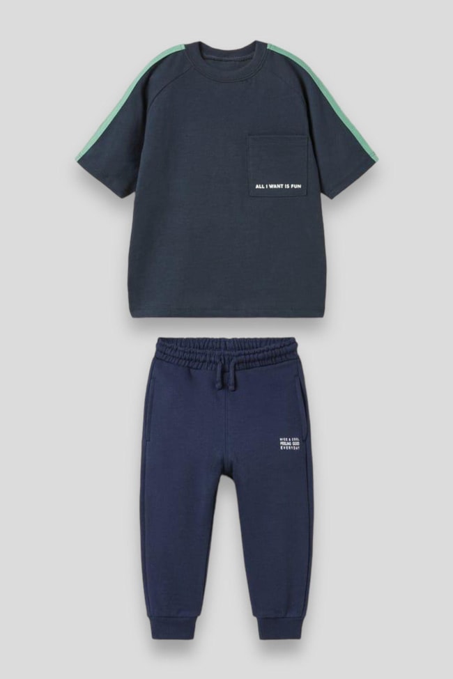 Erkek Çocuk Golf Desenli Şeritli Basic Pamuklu T-shirt Jogger Eşofman Alt-üst Takım