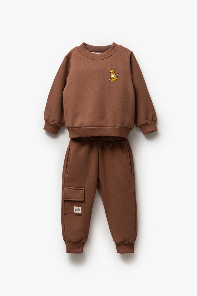 Erkek Çocuk Hayvan Desenli Kışlık Pamuklu 3 İplik Şardonlu Sweatshirt Eşofman Alt-Üst Takım