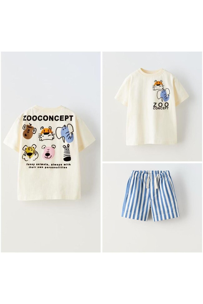 Erkek Çocuk Hayvan Desenli Pamuklu T-shirt Çizgili Dokuma Şort Alt-Üst Takım