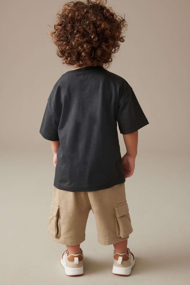 Erkek Çocuk Kahverengi Basic Pamuklu T-shirt Cepli Şort Alt-Üst Çantalı Takım