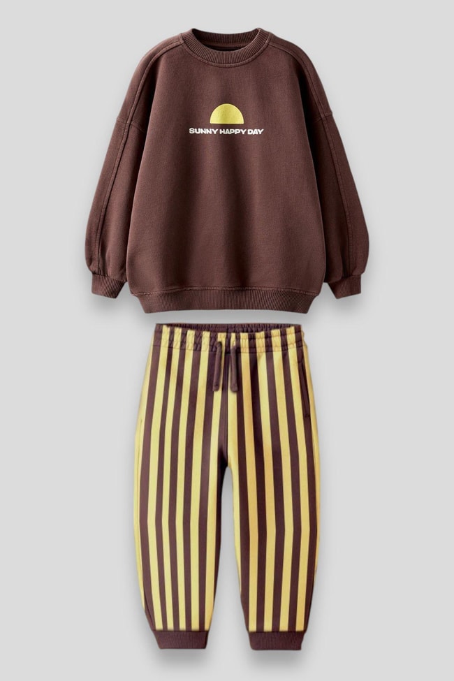 Erkek Çocuk Kahverengi Desenli Kışlık 3 İplik Pamuklu Sweatshirt Çizgili Eşofman Alt-Üst Takım