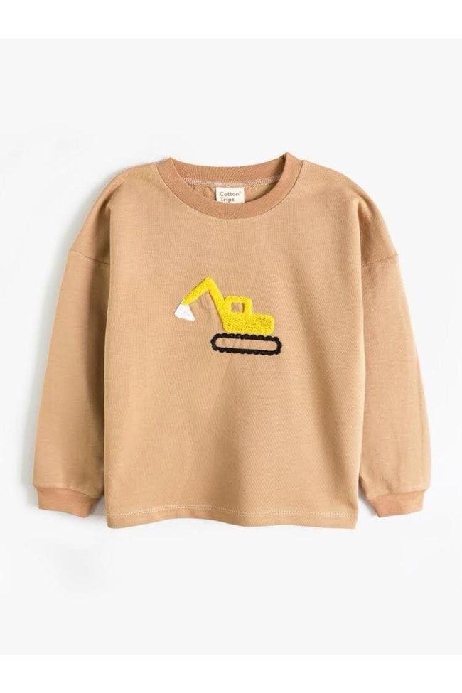 Erkek Çocuk Kahverengi Süzine Nakış İş Makinesi Desenli Pamuklu Sweatshirt