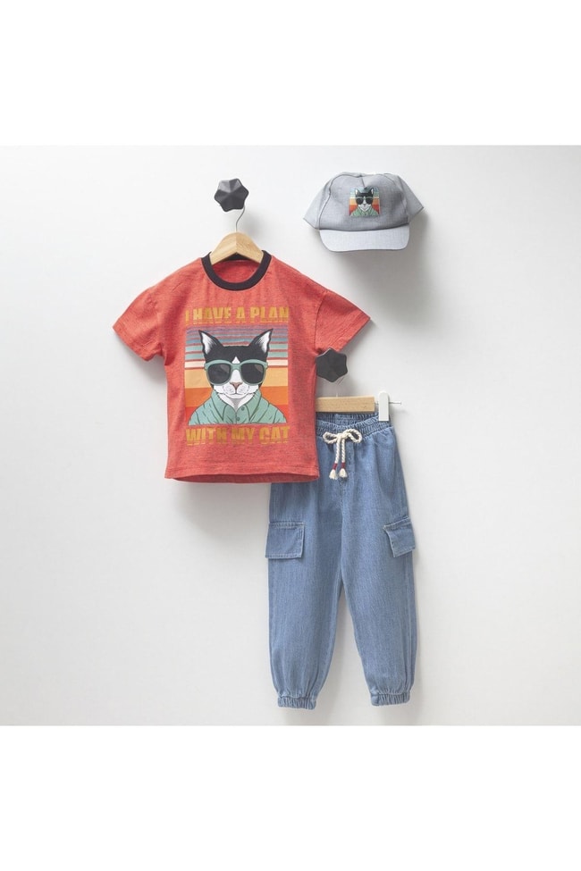 Erkek Çocuk Kedi Desenli T-shirt Kot Pantolon Şapka Alt-üst Takım