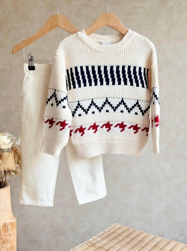 Erkek Çocuk Kışlık Triko Desenli Sweatshirt Pantolon Alt-Üst Takım