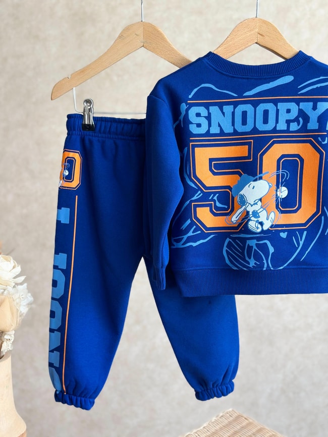 Erkek Çocuk Lacivert Snoopy Desenli Pamuklu Sweatshirt Eşofman Alt-Üst Takım