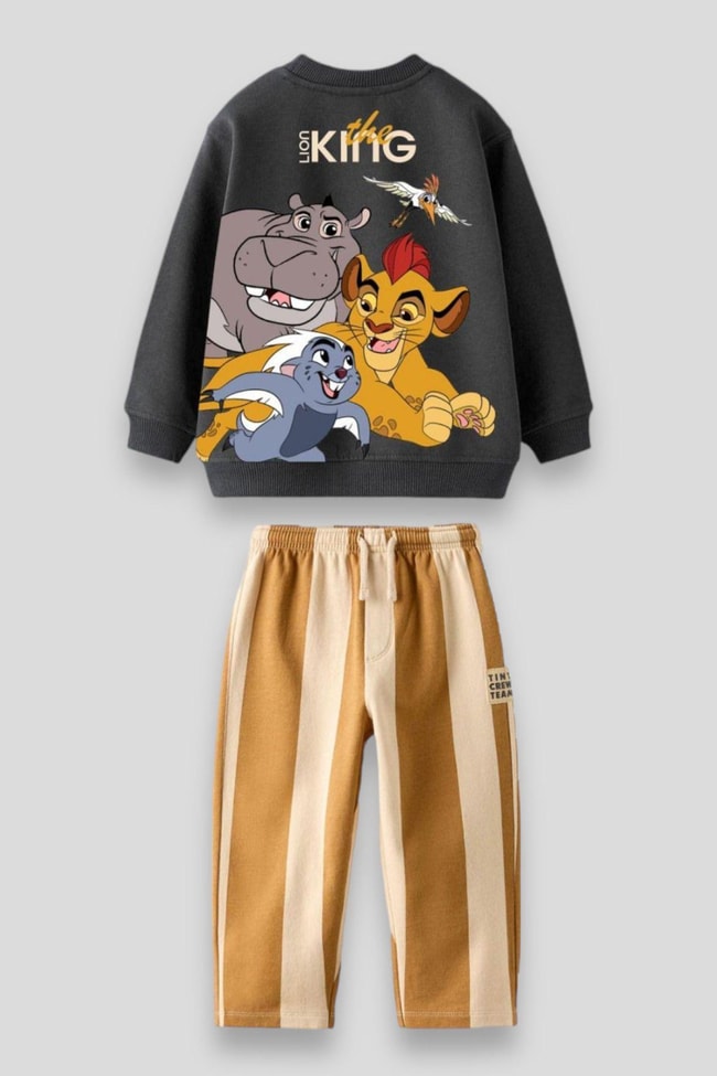 Erkek Çocuk Lion King Aslan Kral Desenli Kışlık 3 İplik Pamuklu Sweatshirt Eşofman Alt-Üst Takım
