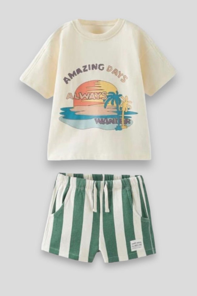 Erkek Çocuk Palmiye Desenli Pamuklu T-shirt Çizgili Bermuda Şort Alt-Üst Takım