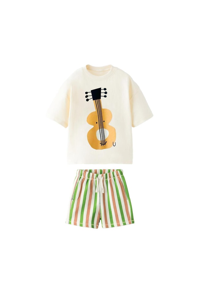 Erkek Çocuk Pamuklu Gitar Desenli Pamuklu T-shirt Şort Alt-üst Takım