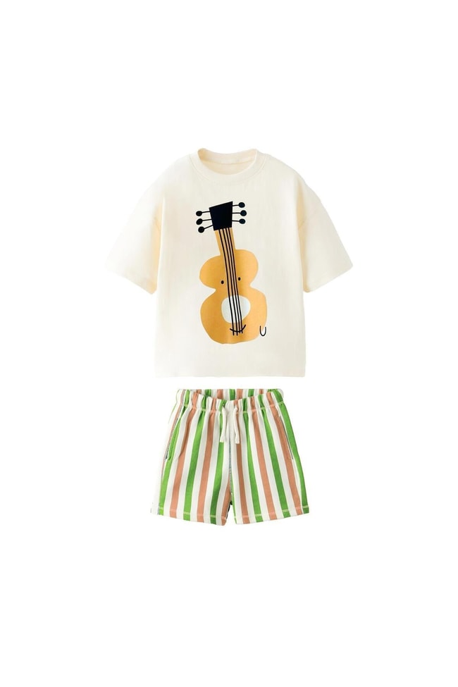 Erkek Çocuk Pamuklu Gitar Desenli Pamuklu T-shirt Şort Alt-üst Takım