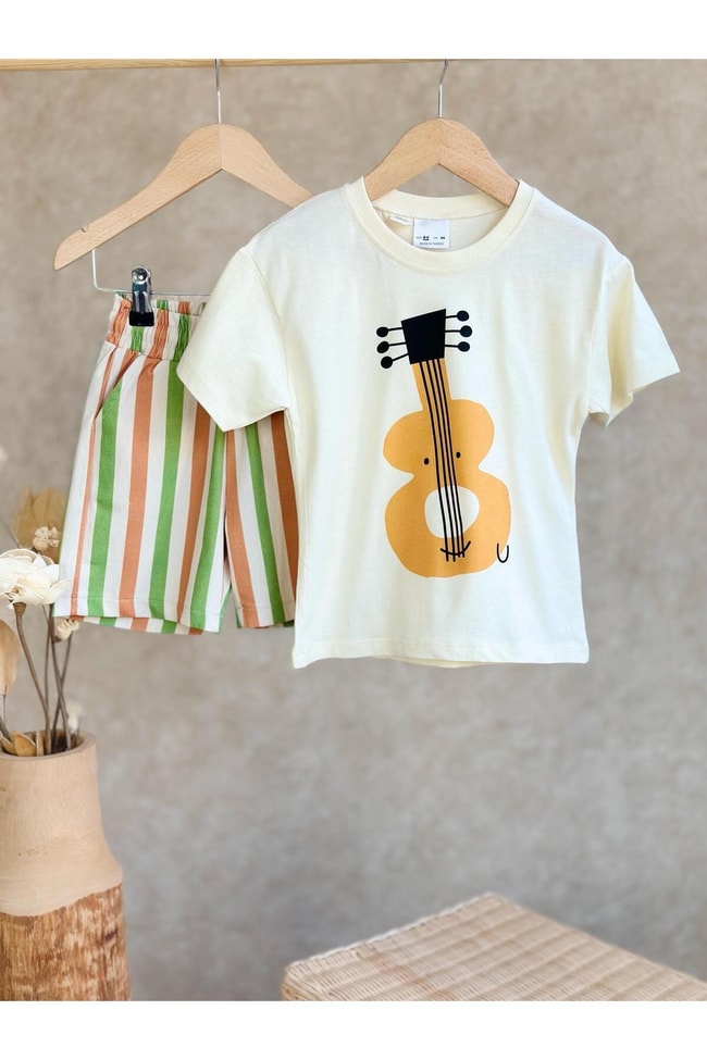 Erkek Çocuk Pamuklu Gitar Desenli Pamuklu T-shirt Şort Alt-üst Takım