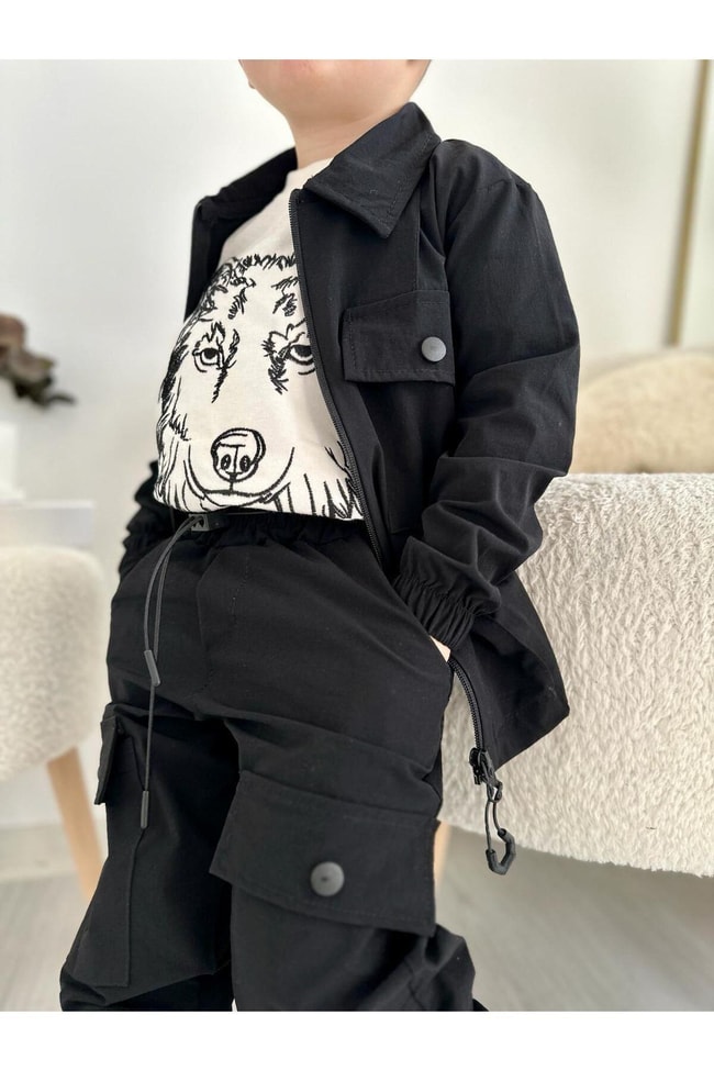 Erkek Çocuk Paraşüt Kumaş Ceket Pantolon T-shirt Alt-Üst Takım
