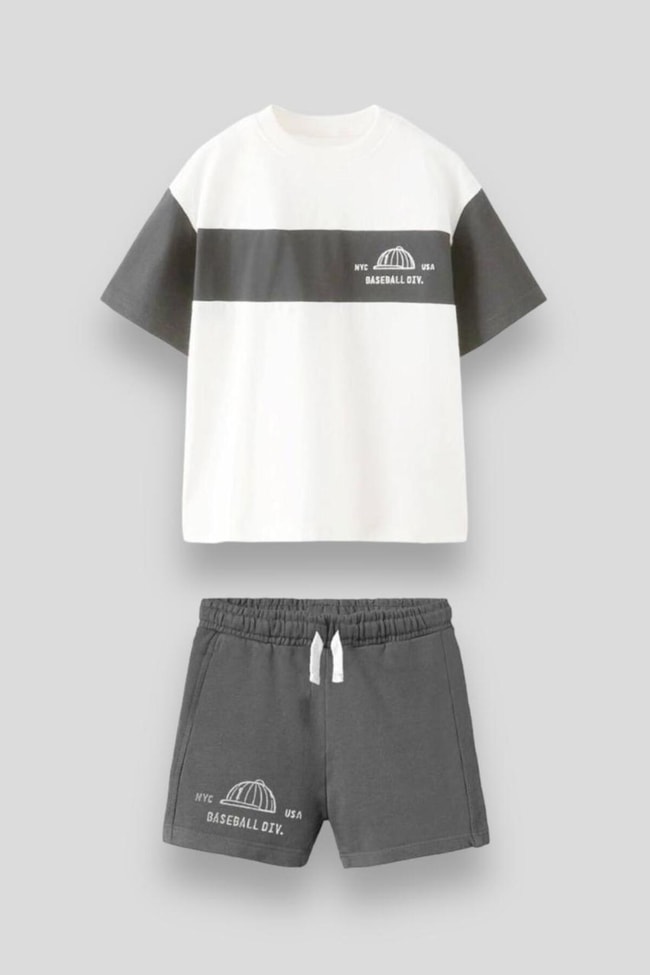 Erkek Çocuk Siyah Blok Desenli Basketbol Pamuklu T-shirt Şort Alt-Üst Takım