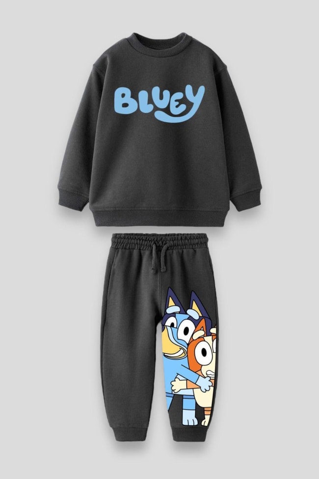 Erkek Çocuk Siyah Bluey Desenli Pamuklu Sweatshirt Eşofman Alt-Üst Takım