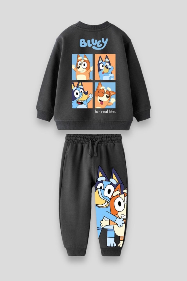 Erkek Çocuk Siyah Bluey Desenli Pamuklu Sweatshirt Eşofman Alt-Üst Takım