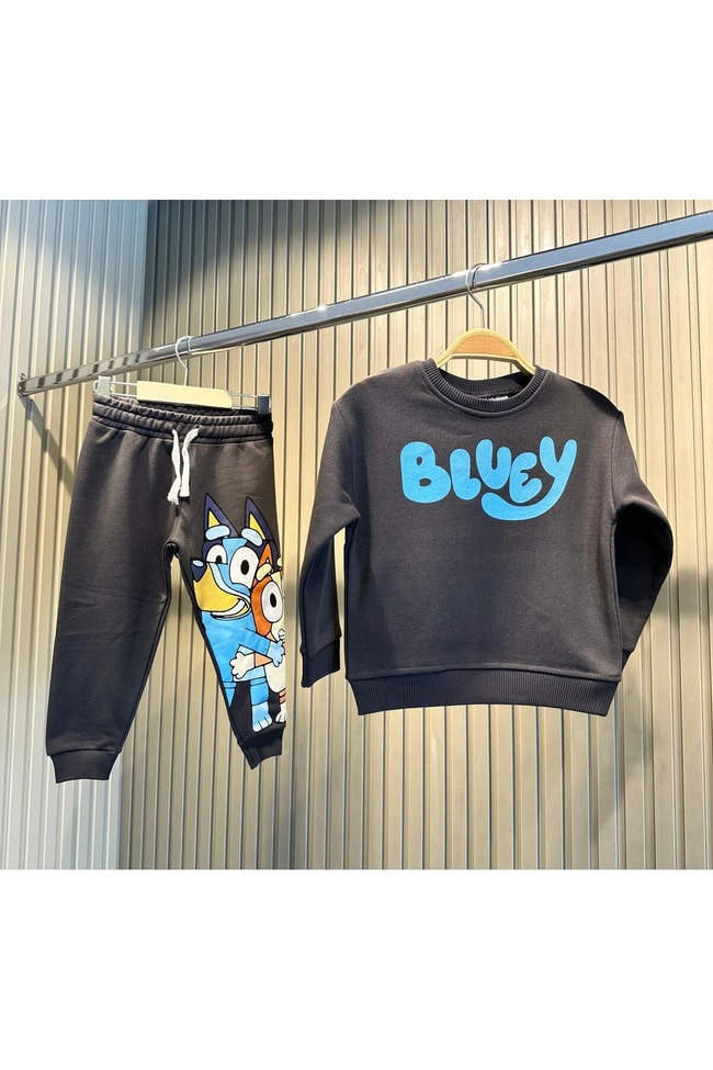 Erkek Çocuk Siyah Bluey Desenli Pamuklu Sweatshirt Eşofman Alt-Üst Takım